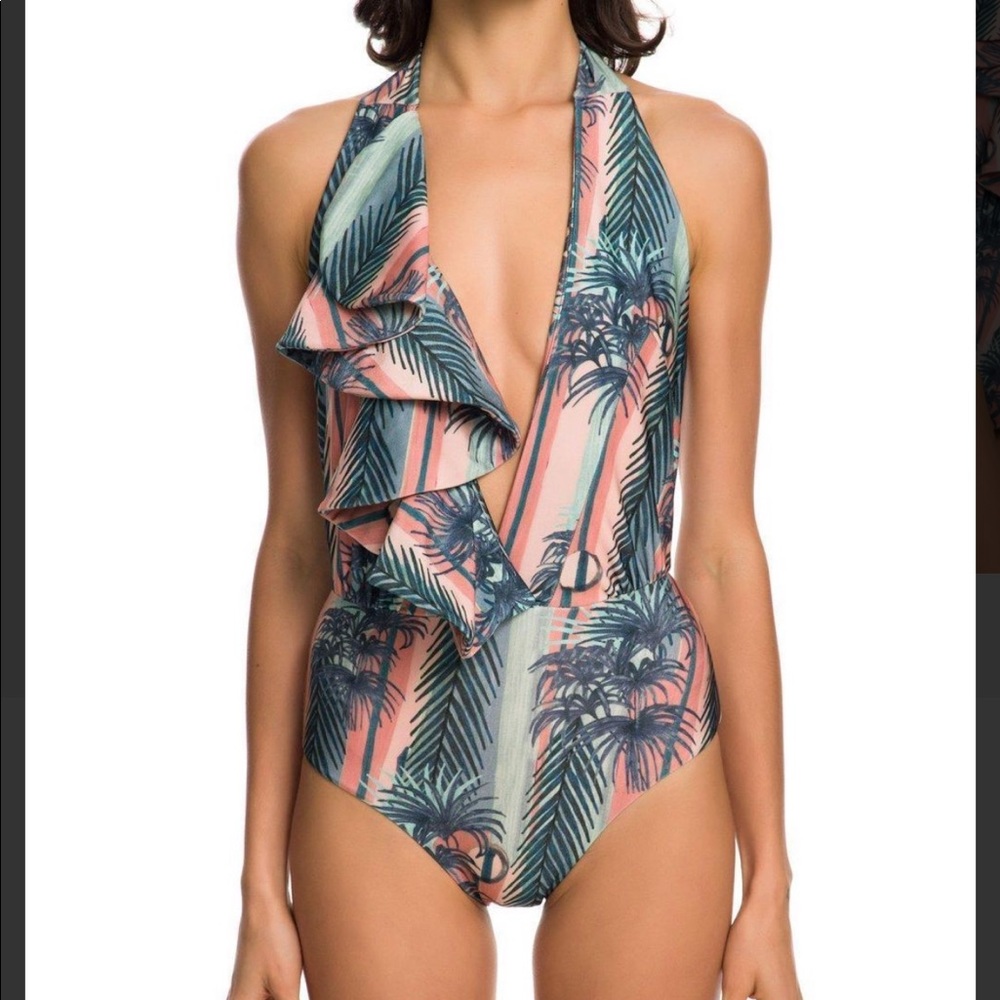 PatBo stripe ruffle deep v swimsuit